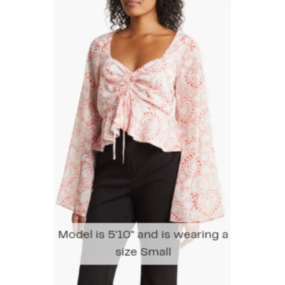 BCBGeneration Split Neck Smocked White & Pink Blouse Bell Sleeve Top SZ … - Picture 2 of 4